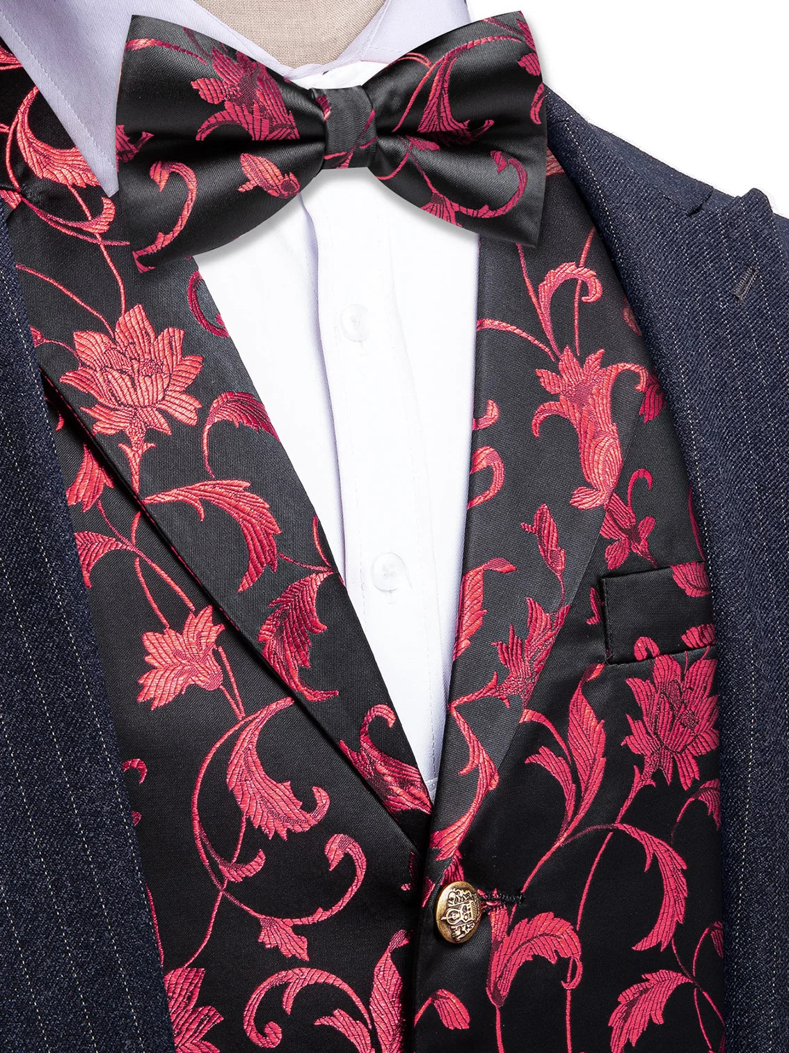 Dunkle Herrenweste mit Schmetterlingsfliege und roten Blumenmuster-Details