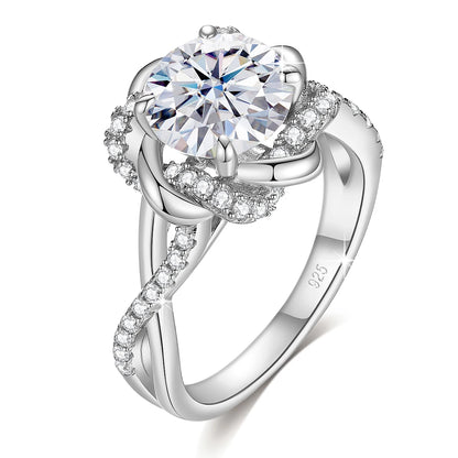 Damen-Ringe-Set aus 925 Sterling Silber mit Moissanit Steinchen und Blüten-Design für Verlobung und Hochzeit