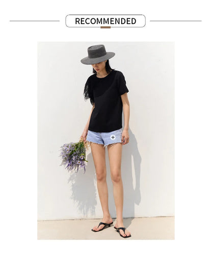 Damen T-Shirt aus mercerisierter Baumwolle im minimalistischen Patchwork-Stil mit Spitze