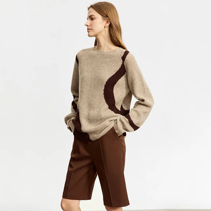 Damen-Rundhalspullover Wolle Yak asymmetrisch Patchwork locker Winter