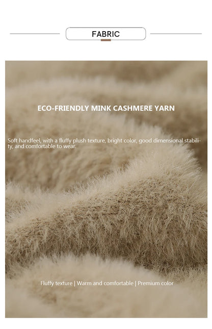 Nahaufnahme des flauschigen Garns: beiges Mink-Cashmere-Garn für Pullover und Hose