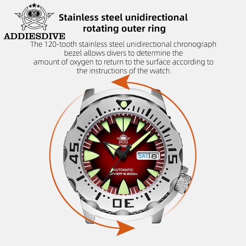 ADDIESDIVE AD2103 Men Monster Watch Luminous Sapphire Glass Blue Dial NH36 Diver 316L Stainless Steel Mechanical Watches