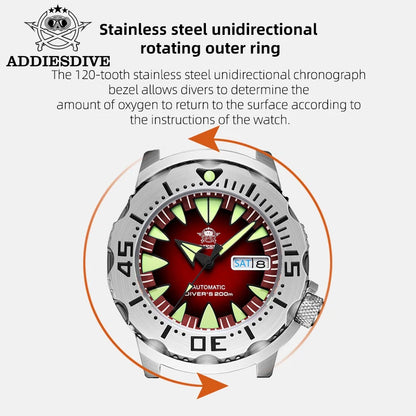ADDIESDIVE AD2103 Men Monster Watch Luminous Sapphire Glass Blue Dial NH36 Diver 316L Stainless Steel Mechanical Watches