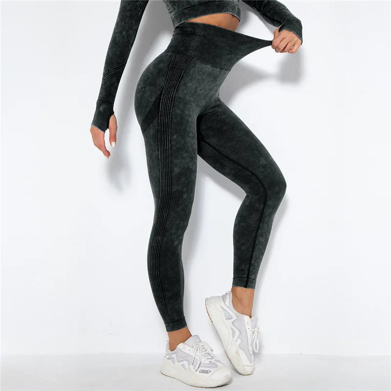 Nahtlose Yoga-Leggings mit hoher Taille, schwarz gemustert, enganliegend, 7/8-Länge