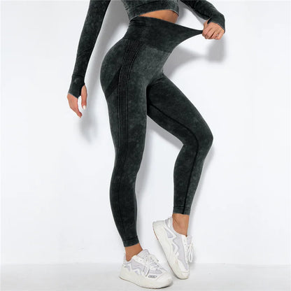 Nahtlose Yoga-Leggings mit hoher Taille, schwarz gemustert, enganliegend, 7/8-Länge