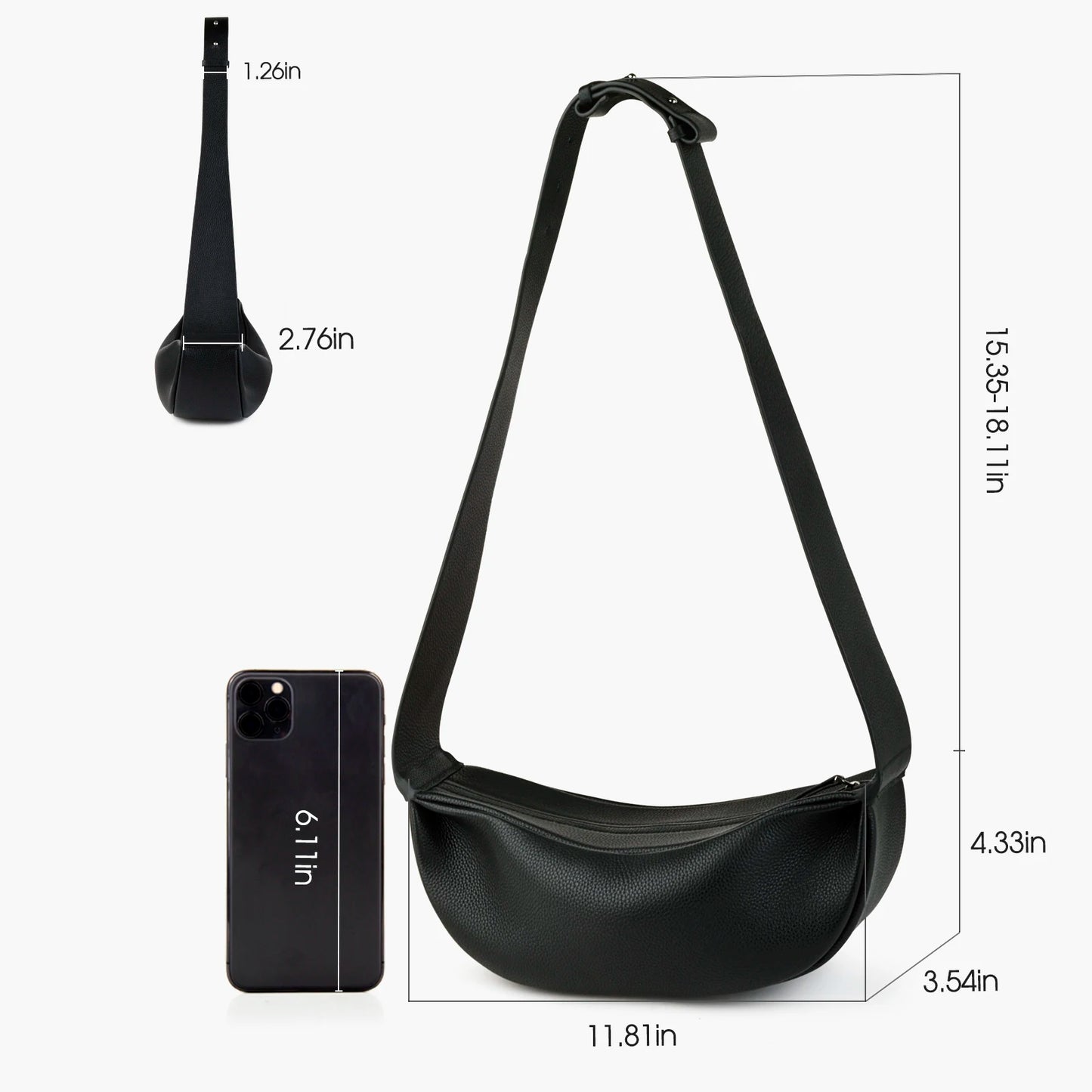 Echtleder Schultertasche Crossbody Schwarz Breiter Tragegurt