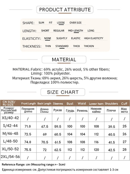 Damen eleganter Tweed-Wollmantel mit Schulterpolstern und lockerer Passform