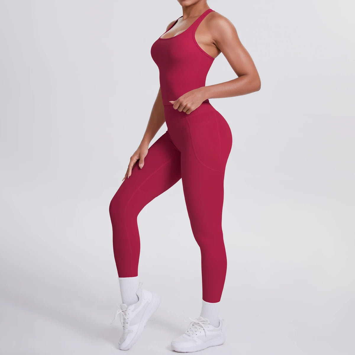 Damen Yoga-Overall, dunkelrot, ärmellos, rückenfreie Rückenpartie, Fitnesshose