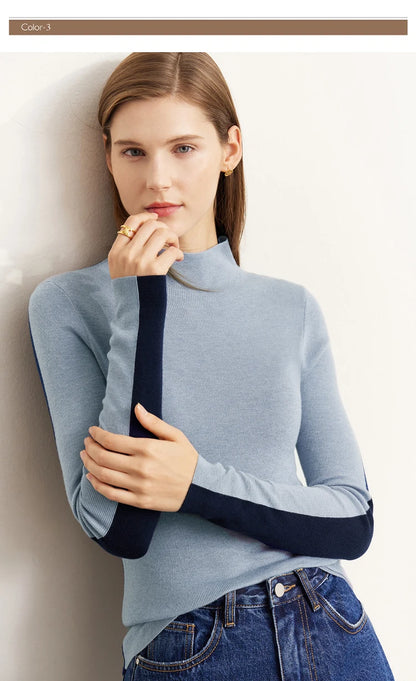 Damen-Halbrollkragen-Pullover Slim Patchwork Wolle-Mix Herbst-Winter