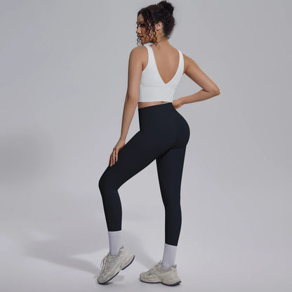 Damen-Yoga-Set, dunkelblau: Top mit V-Ausschnitt hinten und Leggings mit Knie-Bund