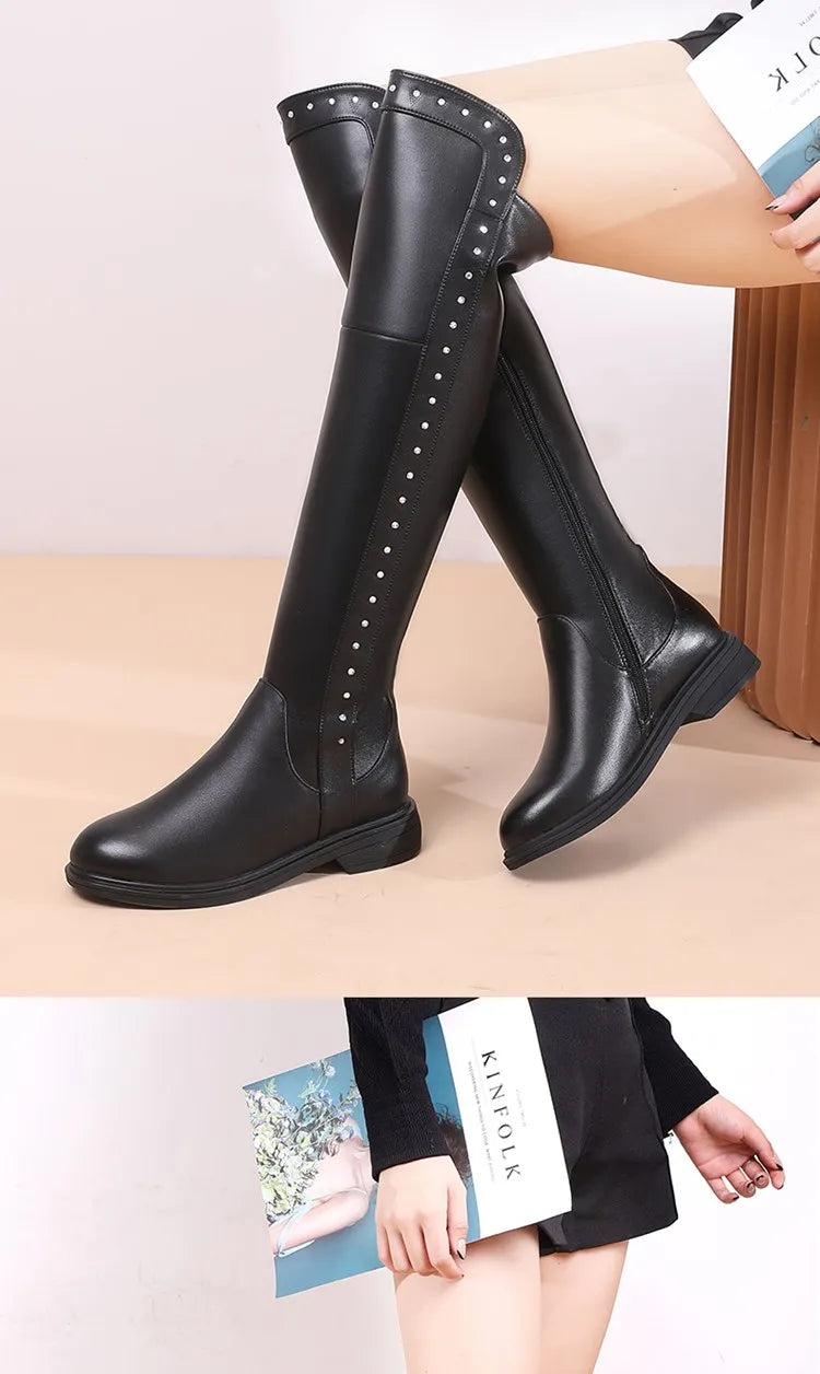 Over The Knee Boots Ladies Winter Wool Warm Genuine Leather Shiny Fashion Ladies Knee Boots Large Size Female Riding Boots