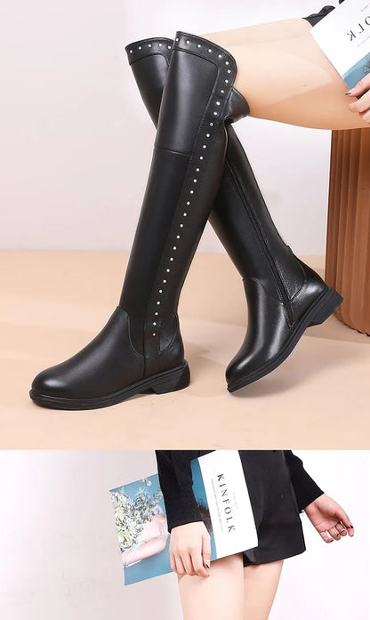 Over The Knee Boots Ladies Winter Wool Warm Genuine Leather Shiny Fashion Ladies Knee Boots Large Size Female Riding Boots