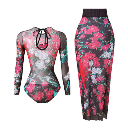 Damen-Badeanzug Blumen Langarm Sarong einteilig gepolstert