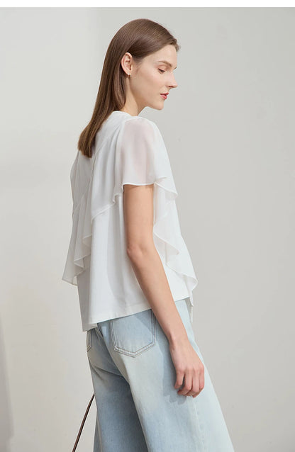 Damen Sommer-T-Shirt mit kurzen Schmetterlingsärmeln und Rundhalsausschnitt