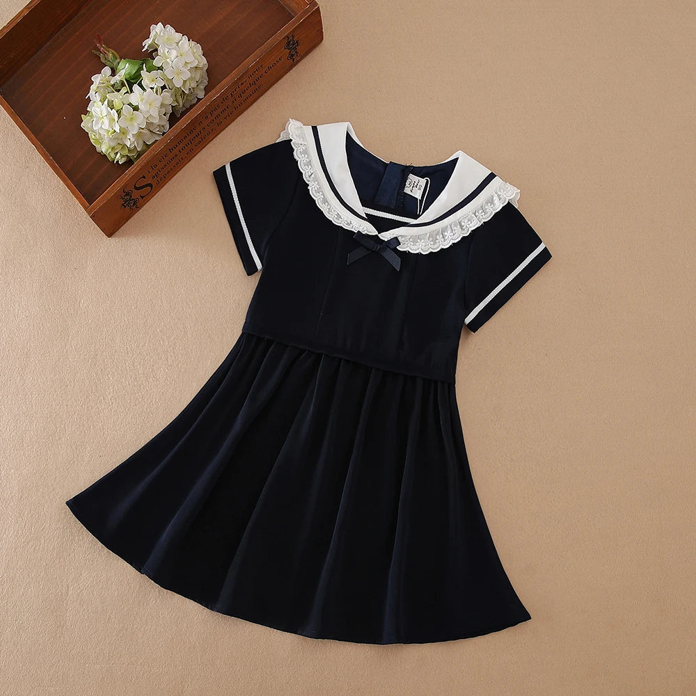 Mädchen-Sommerkleid, 100 % Baumwolle, marineblaue Kleidung für Kinder im Alter von 2–6 Jahren, mit weißem Kragen, kurzen Ärmeln, Kinderkleider