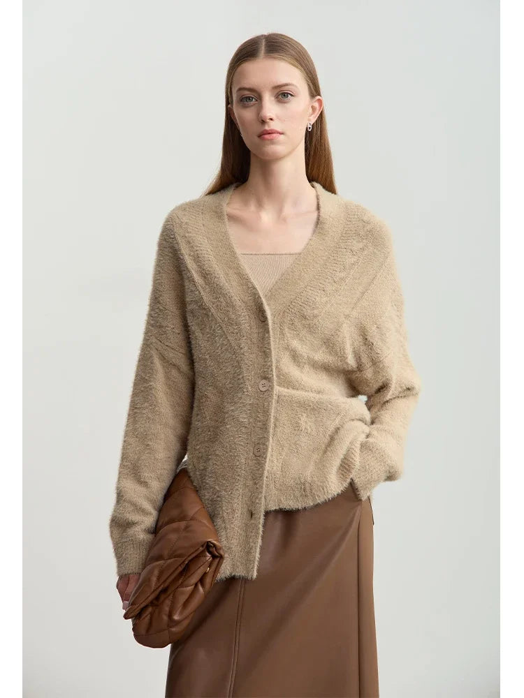 Damen-Strickjacke V-Ausschnitt Nerz-Imitat locker dick Winter