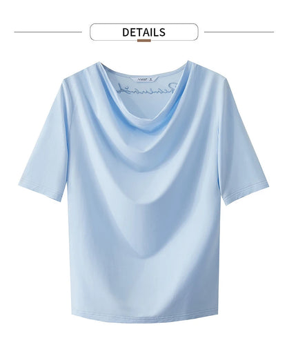 Damen T-Shirt mit drapierter Kragen- und besticktem Design aus modalem Strick