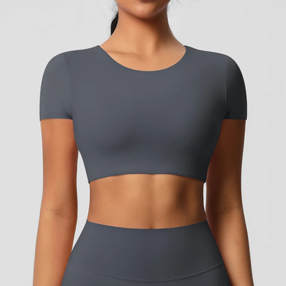 Workout-Top für Damen mit Brustpolstern, graphitgrau, kurzarm, rundhalsausschnitt