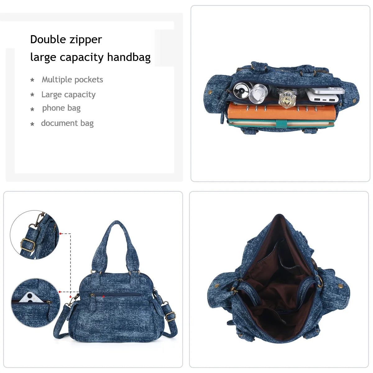 Damen-Umhängetasche Denim mit Mehrfachfächern Handyfach für Alltag Freizeit Denim-Look