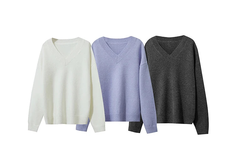 Damen V-Ausschnitt Pullover locker Raglan Wolle-Mix Herbst-Winter