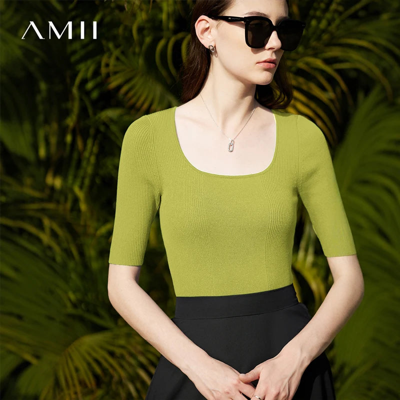 Damen-Strickpullover, grün, gerippter Halbarm, eckiger Rundhalsausschnitt, slim fit