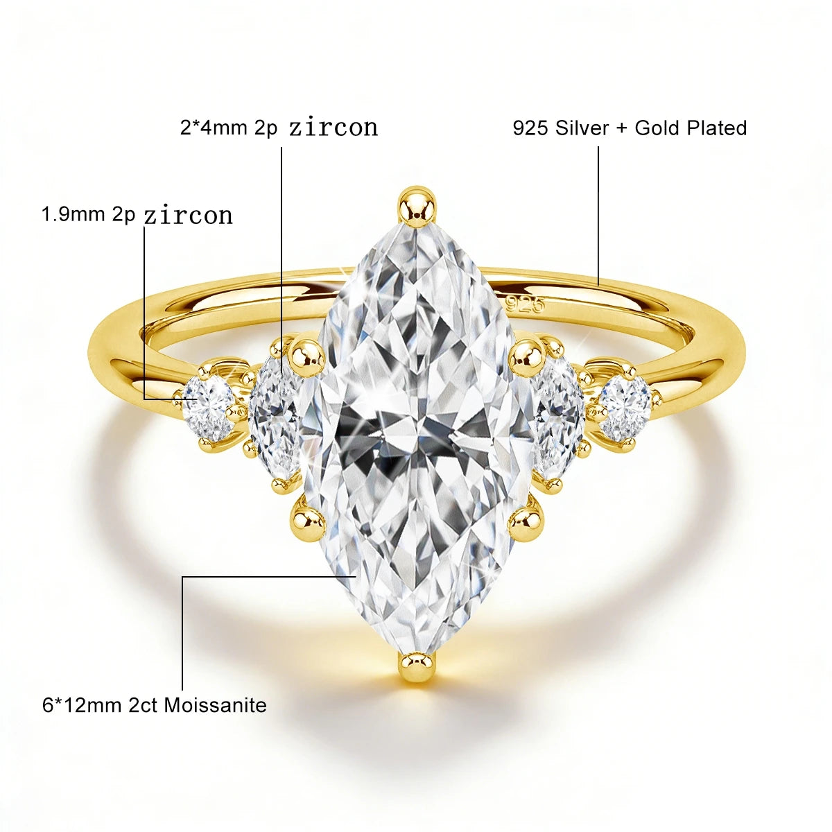 Damen-Verlobungsring aus Silber 925 mit fünf Moissanite im Marquise-Schliff, 18k Goldplattiert