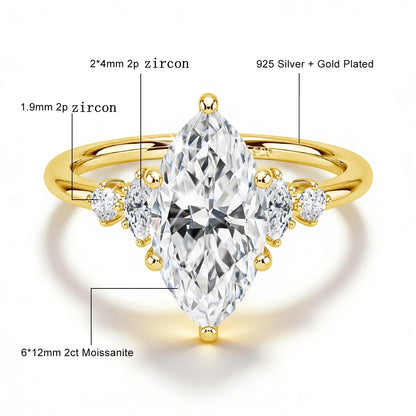 Damen-Verlobungsring aus Silber 925 mit fünf Moissanite im Marquise-Schliff, 18k Goldplattiert