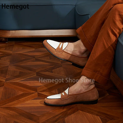 Herren-Loafer im Slip-on-Design, braunes Leder mit weißem Front-Einsatz