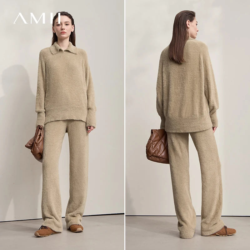 AMII Strickpullover mit weitem Hose-Set, beiger Ton, Langarm und Bindebund