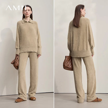 AMII Strickpullover mit weitem Hose-Set, beiger Ton, Langarm und Bindebund