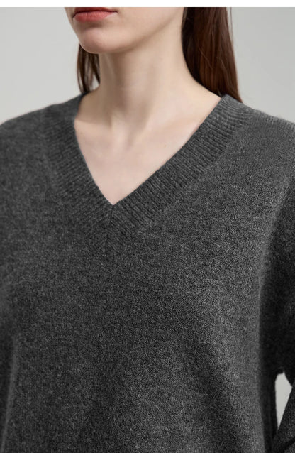 Damen V-Ausschnitt Pullover locker Raglan Wolle-Mix Herbst-Winter