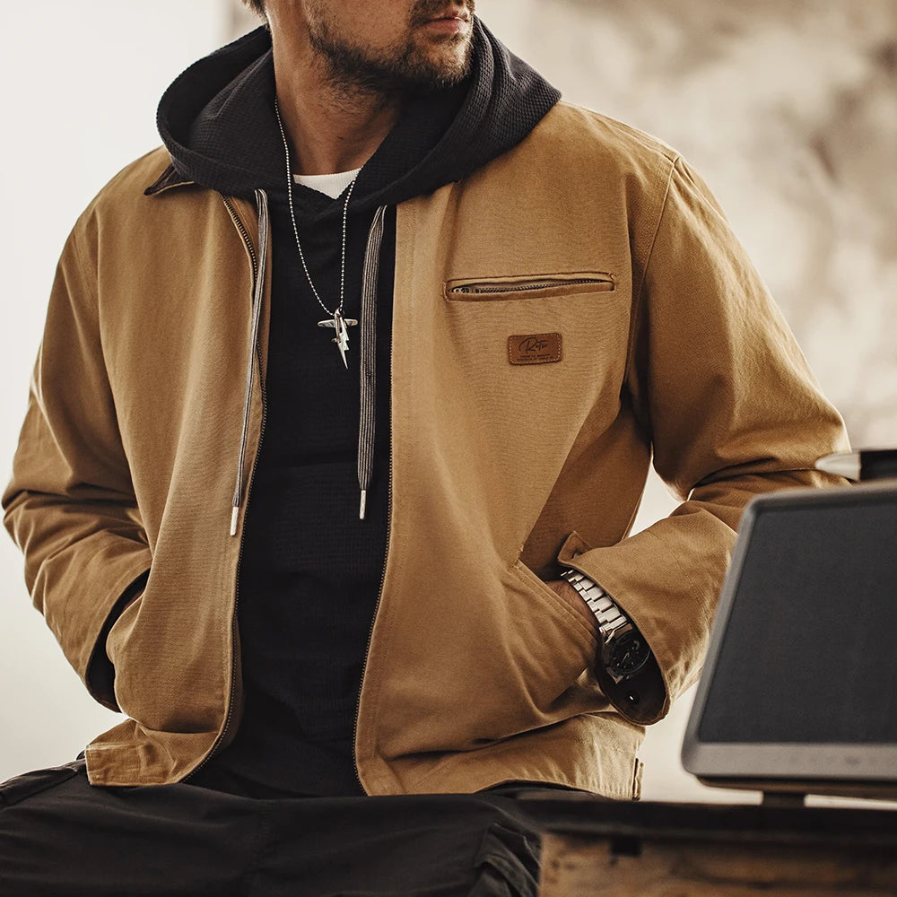 Herren Jacke Retro Canvas Detroit schwere Taschen Reverskragen Reißverschlussmantel