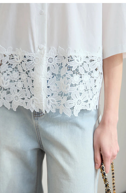Damen Kurzarm Shirt mit drehbarem Kragen und solider Aushöhlung