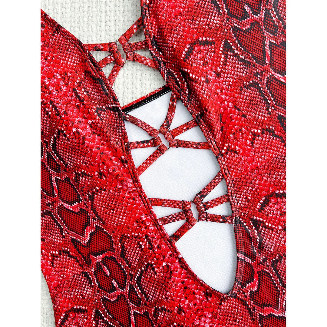 Damen Badeanzug Schlangenhaut Neckholder Bauch-Cut-Out Monokini Einteiler