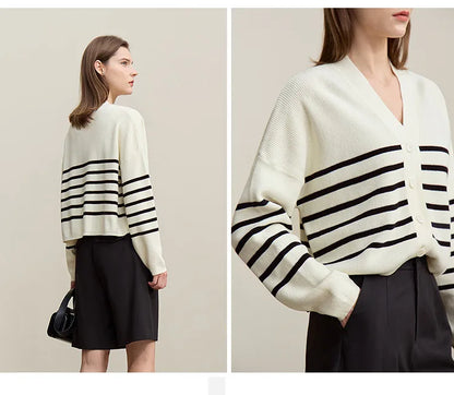 Damen-Strickjacke Baumwolle V-Ausschnitt Kontraststreifen kurz Raglan Frühling