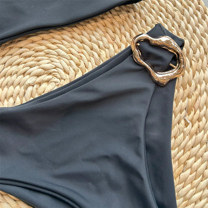 Damen-Badeanzug asymmetrische Schulter Metallring High-Cut gepolstert