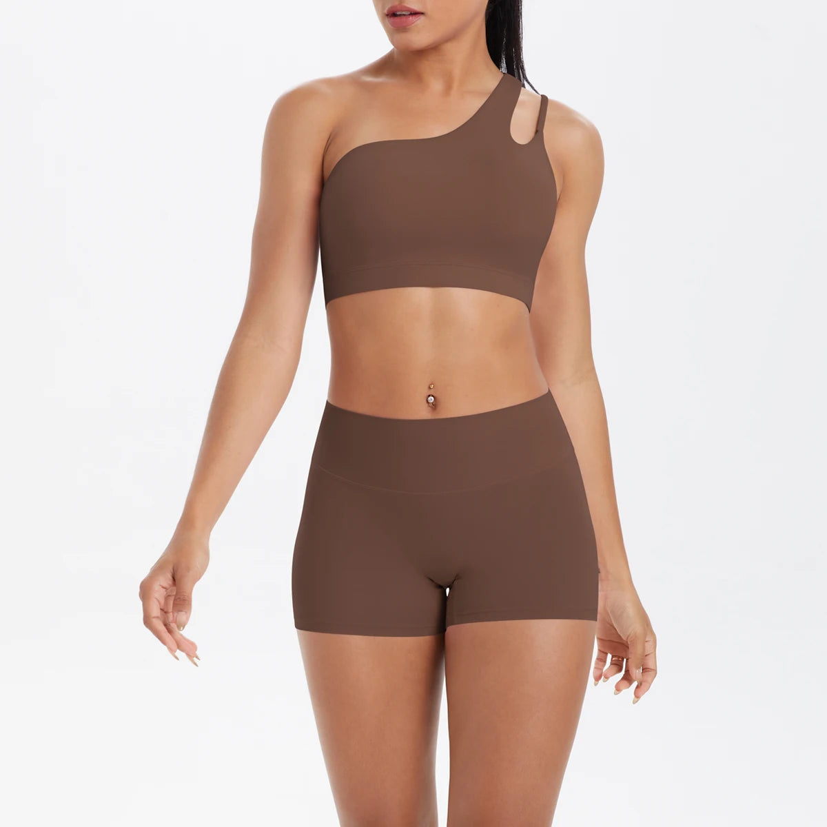 Damen-Yoga-Set: Sport-BH-Top und High-Waist Shorts, atmungsaktiv, schokoladenbraun