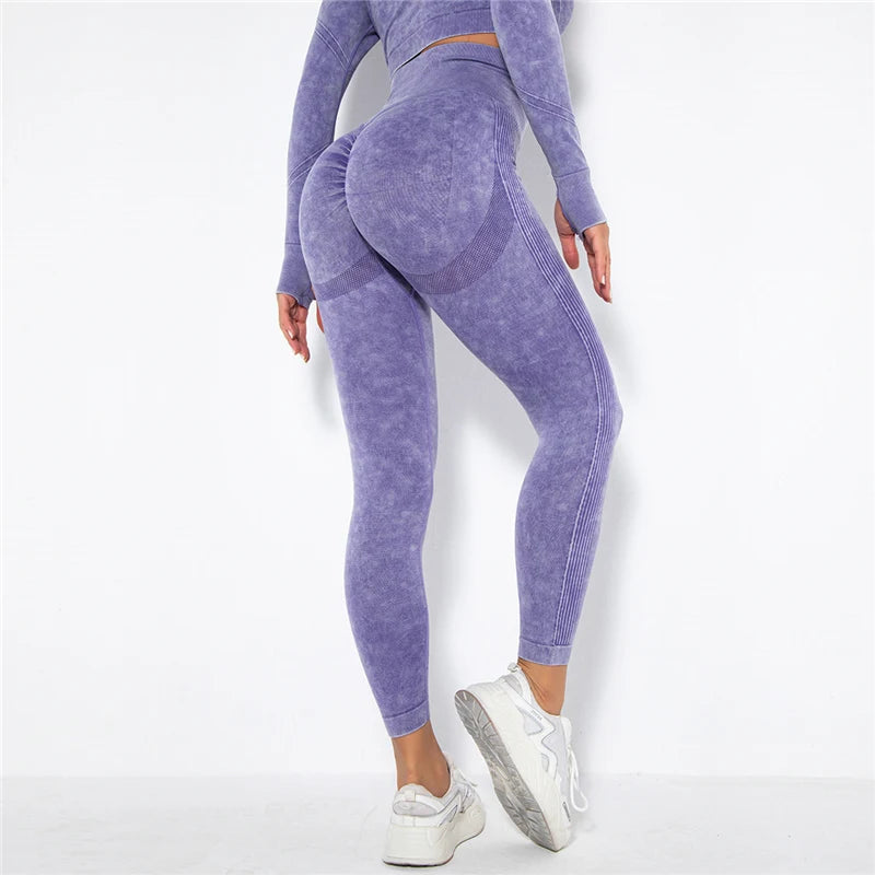Nahtlose Yoga-Leggings mit hoher Taille, lila meliert, eng geschnitten