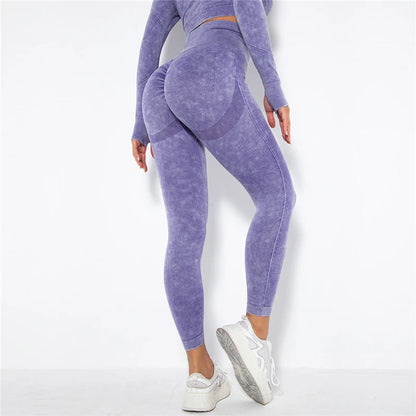 Nahtlose Yoga-Leggings mit hoher Taille, lila meliert, eng geschnitten
