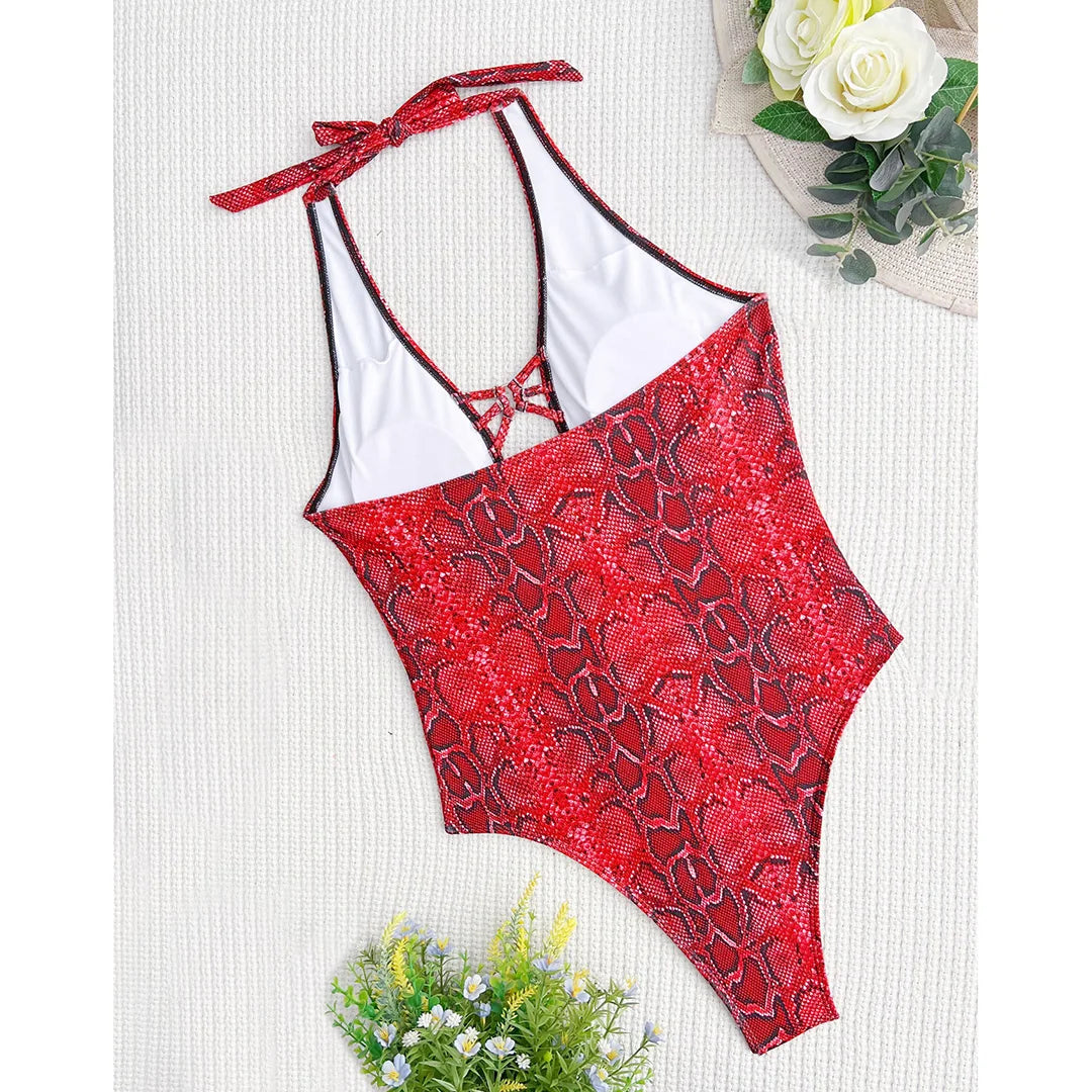 Damen Badeanzug Schlangenhaut Neckholder Bauch-Cut-Out Monokini Einteiler