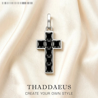 Damen-Charm-Anhänger Kreuz schwarzer Stein klassisch aus Sterlingsilber