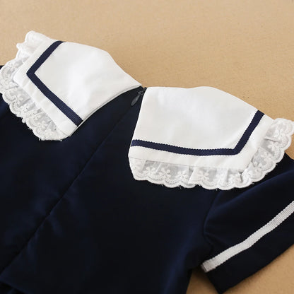 Mädchen-Sommerkleid, 100 % Baumwolle, marineblaue Kleidung für Kinder im Alter von 2–6 Jahren, mit weißem Kragen, kurzen Ärmeln, Kinderkleider