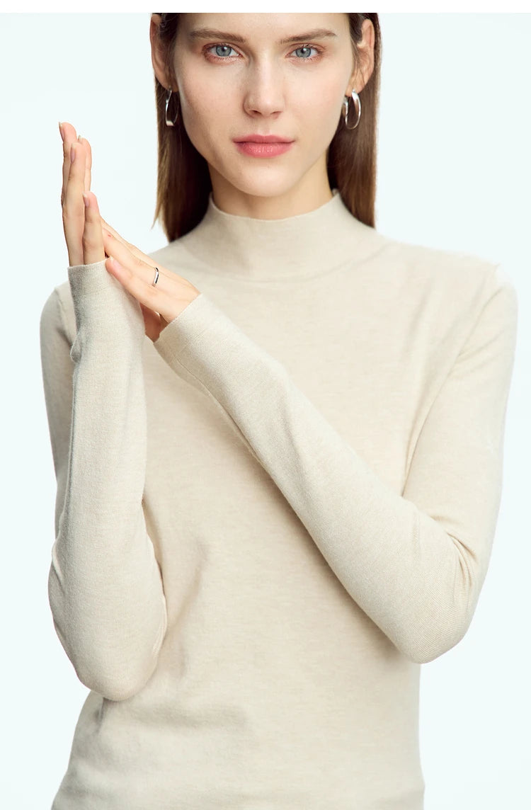 Beiger Strickpullover für Damen mit Stehkragen, schmaler Passform, Langarm