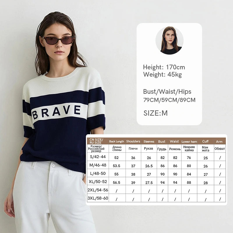 Damen-Rundhalspullover Streifen Buchstaben-Jacquard Halbarm Viskose Sommer