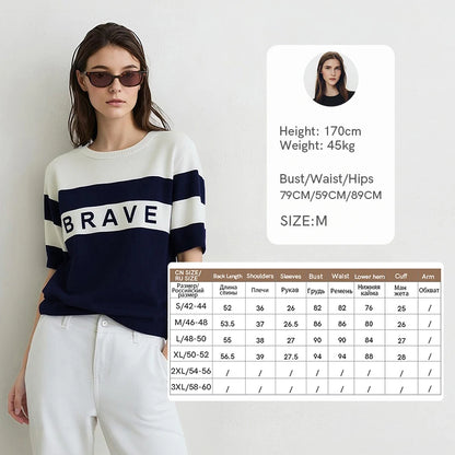 Damen-Rundhalspullover Streifen Buchstaben-Jacquard Halbarm Viskose Sommer