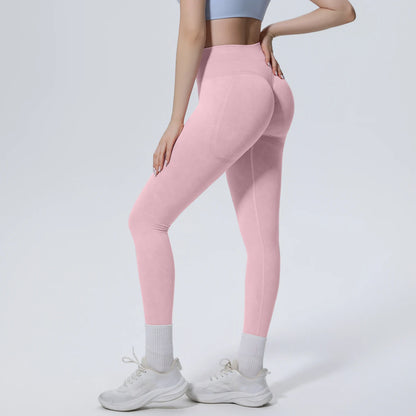 Nahtlose Yoga-Hose in Rosa, Dreiviertel-Seitenansicht mit hoher Taille