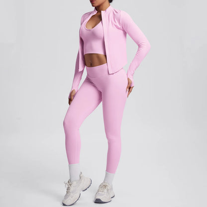 Rosa Yoga-Set mit Push-up-Top, offener Jacke und hochtaillierter Leggings, seitlich