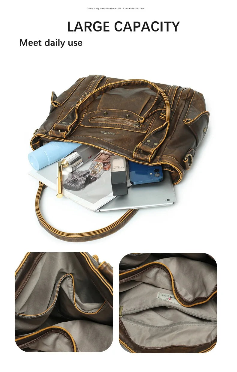 Damen-Schultertasche aus PU mit Mehrfachfächern Bronze Vintage Look Geräumige Innentaschen