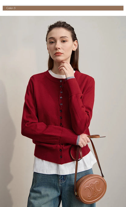 Damen-Rundhalspullover Strickjacke einfarbig einreihig Herbst-Winter
