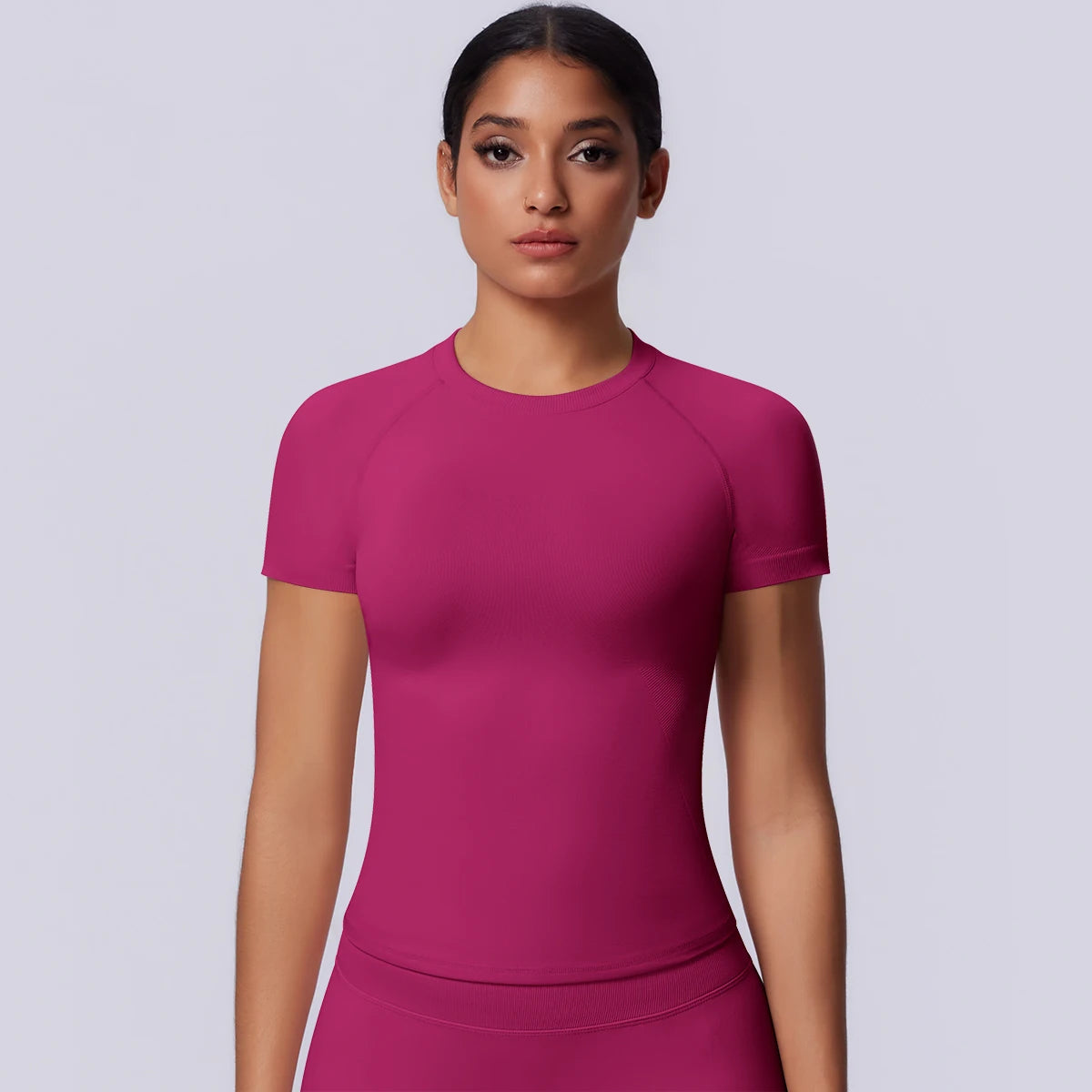 Nahtloses Funktionsshirt für Damen, pinkes Kurzarm-Shirt mit Rundhalsausschnitt